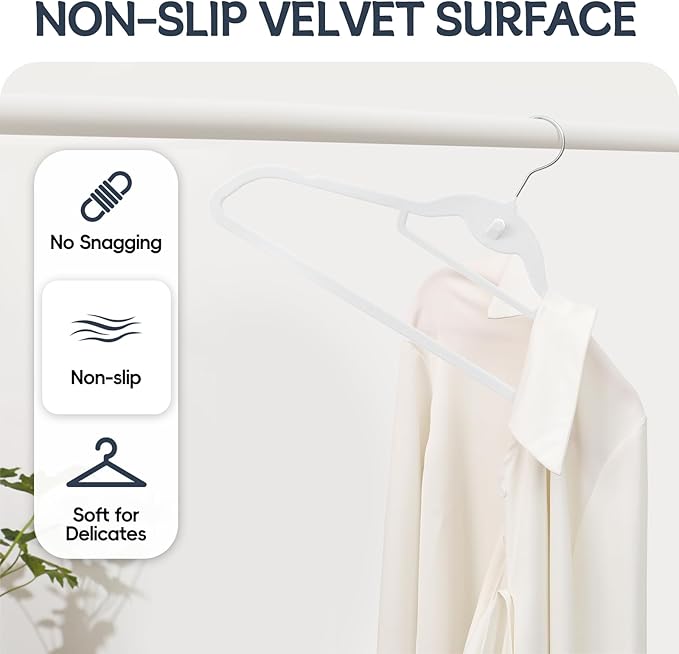 Velvet Hangers 50 Pack, Non Slip Stackable Clothes Hangers with Cascading Hooks, Ultra Thin and Space Saving Felt Hangers with Tie Bar, 360° Swivel Hooks, Heavy Duty for Suit Coat Shirt Pant- White