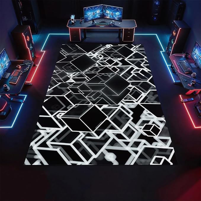 3D Geometric Area Rugs, Black White Block Pattern Carpet, Washable Non Slip Low Pile Soft Rug for Living Room Bedroom Decor Mat 2x3ft(Small)