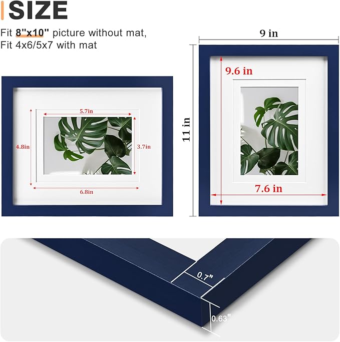 Egofine 8x10 Picture Frame Made of Solid Wood Covered by Plexiglass, Display Pictures 4x6/5x7 with Mat or 8x10 Without Mat for Table Top Display and Wall Mounting Photo Frame, Navy Blue