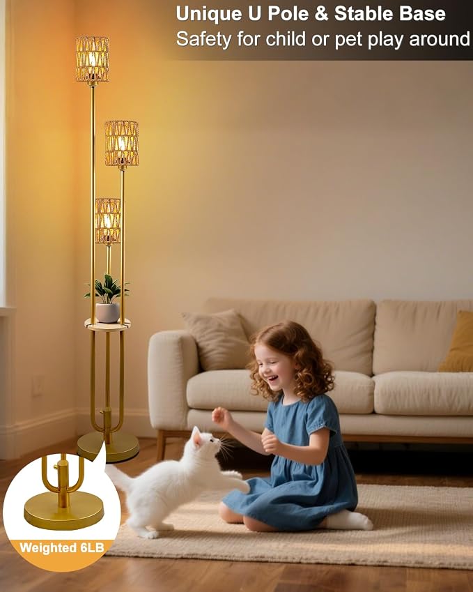Lightdot Dimmable Boho Floor Lamps with 5Lbs Heavy Base for Living Room, 3-Lights Rattan Floor Lamp with Shelves Rustic Gold Standing Lamp with Warmwhite Bulbs Included for Sofa Beside/Corner Decor