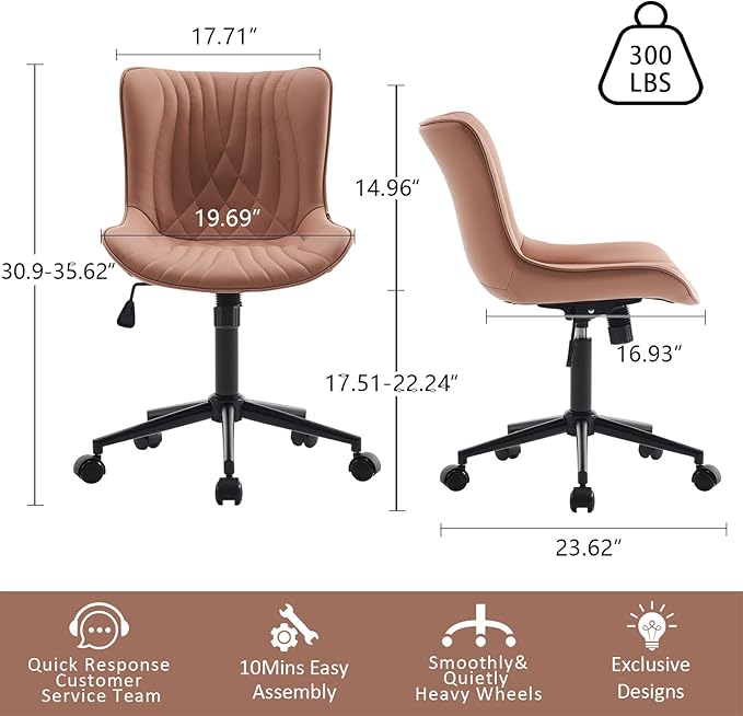 YOUTASTE Pink Modern Office Chair, Faux Leather Armless Desk Chair with Wheels, Height Adjustable, Swivel, Rocking, 300 lbs Capacity, Metal Base, for Home Office Vanity