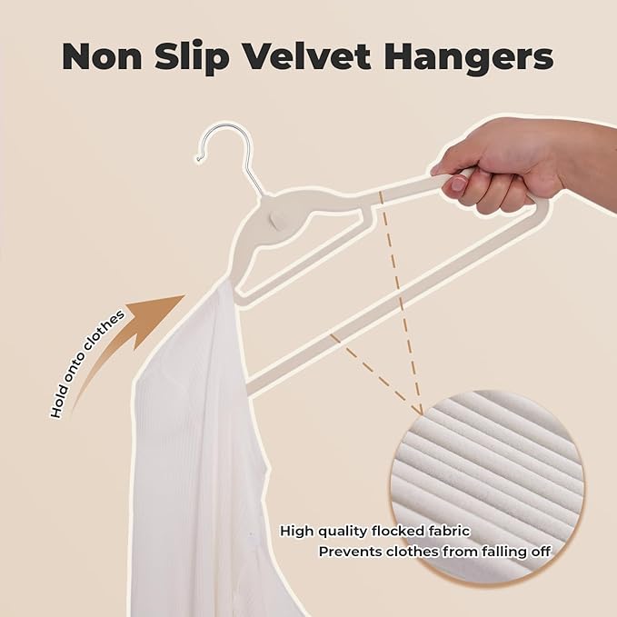 Ivory Velvet Hangers 50 Pack, Felt Covered Non Slip Fabric with Stackable Cascading Hook, Ultra Thin and Space Saving with 360° Swivel Neck, 15Lbs Capacity for Clothes, Suit, Shirt, Coat
