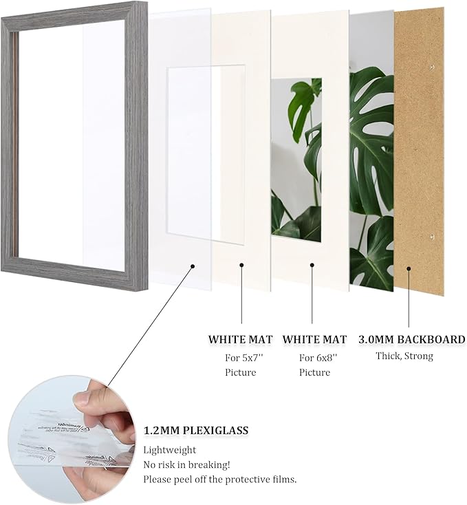 Egofine 8x12 Picture Frame Made of Solid Wood with Plexiglass, Display Pictures 5x7/6x8 with Mat or 8x12 Without Mat for Tabletop and Wall Mounting, Oak Grey