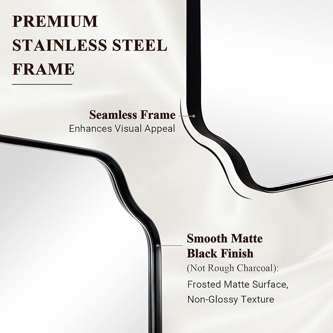 ANDY STAR 30x30 Inch Square Mirror, Matte Black Vanity Mirror, Modern Scalloped Bathroom Mirror in Premium Stainless Steel Metal Thin Frame, Unique Rounded Notched Corners