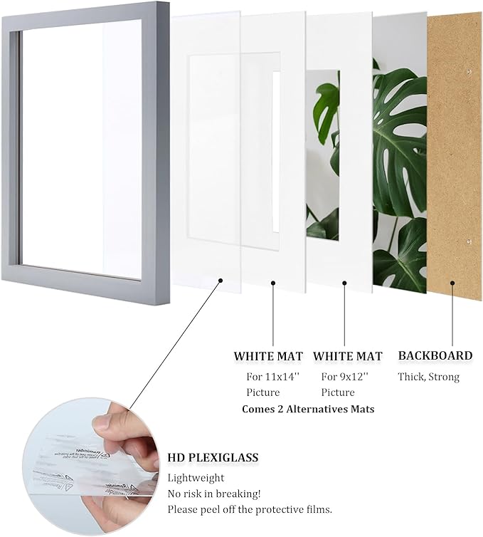 Egofine 12x16 Picture Frame Made of Solid Wood with Plexiglass, Display Pictures 9x12/11x14 with Mat or 12x16 Without Mat, for Wall Mounting Photo Frame, Light Grey