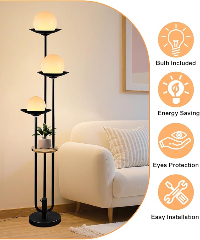 Lightdot Globe Floor Lamp with Shelf 3-Lights Modern Dimmable Floor Lamps 3000K Warm White Bulbs Included Black Tall Standing Lamp with 5Lbs Heavy Base for Living Room/Bedroom/Sofa Beside/Corner Decor