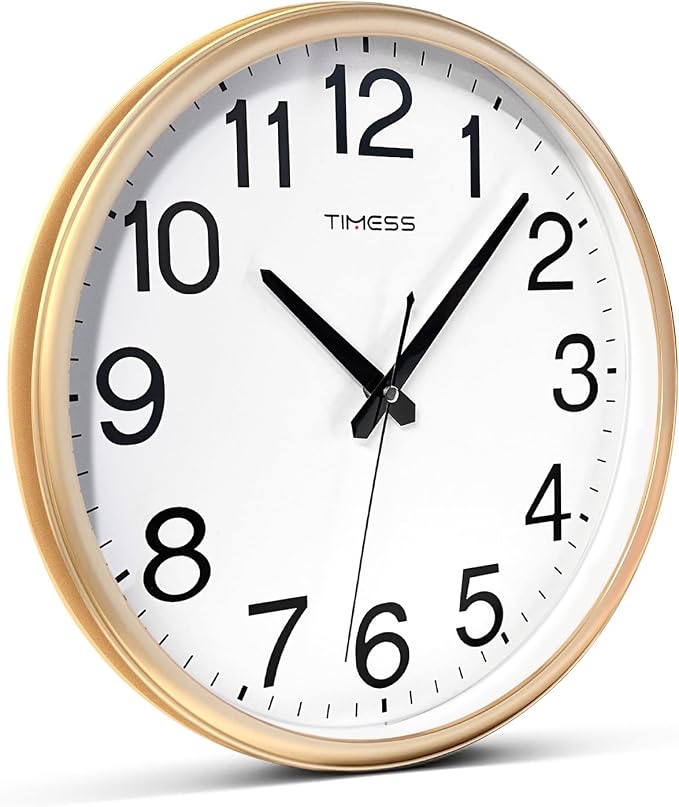 Wall Clock, 16 Inch Large Dial Non-Ticking Silent Battery Operated Quality Analog, Ultra-Quiet Movement Quartz, Timeless Stylish Clock, Ideal Modern Home, Office Décor (Gold)