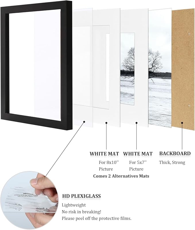 Egofine 11x14 Picture Frame Black - Photo Frame Made of Solid Wood Covered by Plexiglass for Table Top Display Pictures 5x7/8x10 with Mat or 11x14 Without Mat with Wall Mounting Hardware