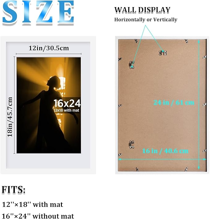 Egofine 16x24 Solid Wood Picture Frame, Made of Solid Wood Covered by Plexiglass 12x18 with Mat 16x24 without Mat, Poster Frame for Wall Mounting Hanging Photo Frame Vertically or Horizontally, White