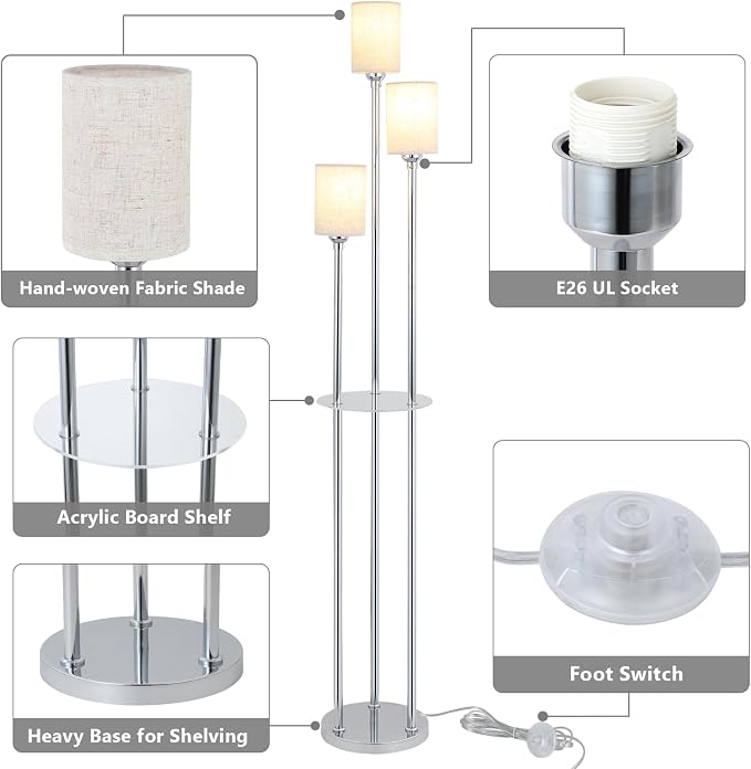 Floor Lamps for Living Room, 3-Lights Modern Floor Lamp with Shelves, Chrome Standing Lamp with Fabric Shade and Foot Switch, Shelf Standing Lamps with Table, Tall Lamps for Bedroom Office