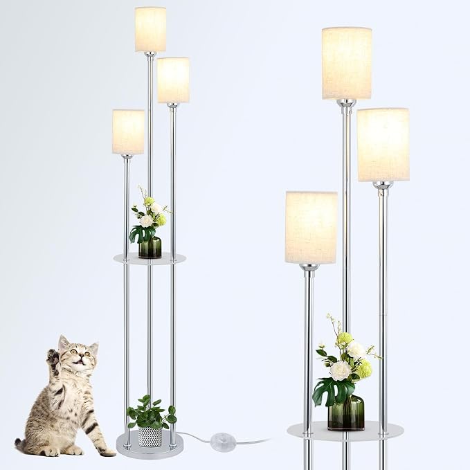 Floor Lamps for Living Room, 3-Lights Modern Floor Lamp with Shelves, Chrome Standing Lamp with Fabric Shade and Foot Switch, Shelf Standing Lamps with Table, Tall Lamps for Bedroom Office