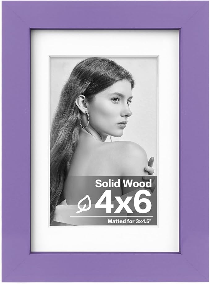 Egofine 4x6 Picture Frame Made of Solid Wood, Covered by Plexiglass Display Pictures 3.5x5 with Mat or 4x6 Without Mat for Table Top Display and Wall Mounting Photo Frame, Purple