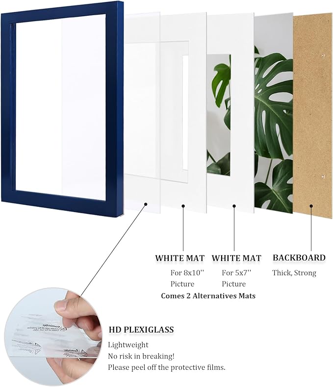 Egofine 11x14 Picture Frame Made of Solid Wood Covered by Plexiglass, Display Pictures 5x7/8x10 with Mat or 11x14 Without Mat for Table Top Display and Wall Mounting Photo Frame, Navy Blue