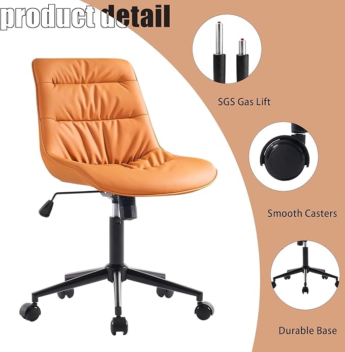 Kidol & Shellder Faux Leather Office Chair, Adjustable Swivel Height Task Chair, Rolling Wheels & Soft Backrest - Armless Ergonomic Desk Chair for Home, Office,Vanity,Gaming（Orange）