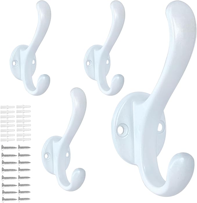 4 Pack Coat Hooks Wall Mount Heavy Duty Utility Retro Double Hooks for Hanging Coats,Hat, Towel, Key, Robe, Scarf, Bag, Cap (White)
