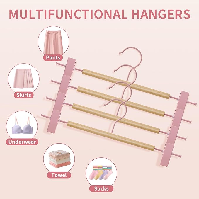 Wooden Pants Hangers with Clips 20 Pack Adjustable Wood Skirt Hangers for Women&Men Space Saving Closet Non Slip Clothes Hanger for Jeans,Trousers,Short,12Inch Pink