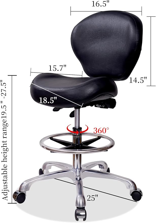 Height Adjustable Rolling Stools Drafting Chair with Backrest & Foot Rest,Work from Home,Studio,Dental,Office for Desk,Salon,Art Studio, Tattoo,Garage, Kitchen, Counter, (Black)
