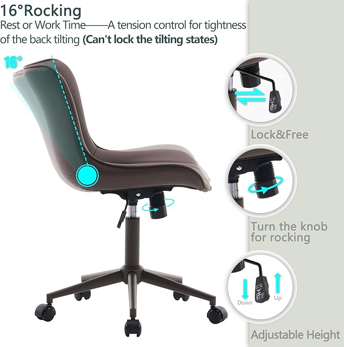 YOUTASTE All Brown Office Chair, Modern Armless Desk Chair with Back, Adjustable Swivel Rolling Faux Leather Task Chair with Wheels Metal Base for Home Office, Study, or Vanity