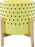 Ceramic Planter with Wooden Stand – Indoor or Outdoor Plant Stand for Living Room or Patio – Dotted Contemporary Design for Home Decor – Planter for Stylish Spaces – 10", Yellow & Black