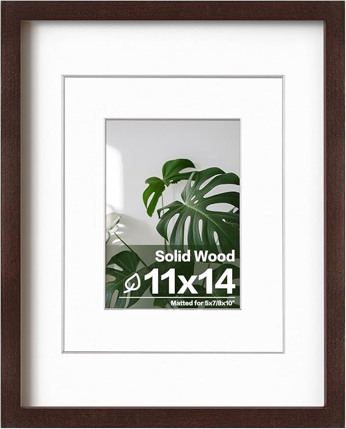 Egofine 11x14 Picture Frame Made of Solid Wood with Plexiglass, Display Pictures 5x7/8x10 with Mat or 11x14 Without Mat for Tabletop and Wall Mounting, Walnut Color