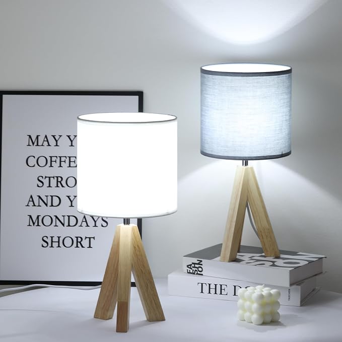 Table Lamp,Small Tripod Desk Lamp with Linen Fabric Lampshade,14.9",Tri-Color 5W Wooden Table Lamp for Living Room,Kids Room,Nursery (Grey)