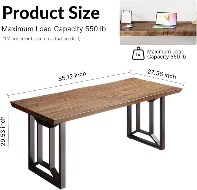 Solid Wood Computer Desk Study Office Desk 55" Writing, Modern Simple Style PC Table, Black Metal Frame, Solid Wood Planks 55" D x 27" W x 29" H for Home Office Bedroom,Rustic Brown