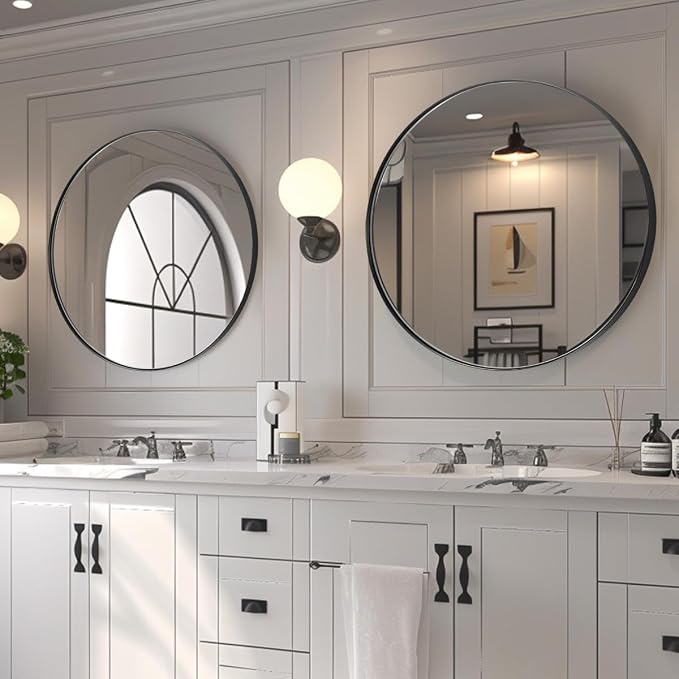 ANDY STAR Round Bathroom Mirror, Round Black Mirror 32 inch, Matte Black Circle Mirror with Anti-Rust Stainless Steel Metal Frame, Modern Vanity Mirror Wall Mount, Easy to Install