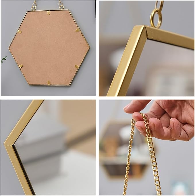Gold Mirrors for Wall - 2pcs/Set Metal Hexagon Mirror Room Decor & Home Decor Decorative Hanging Boho Mirror Wall Decor for Bedroom Living Room Entryway (Square)