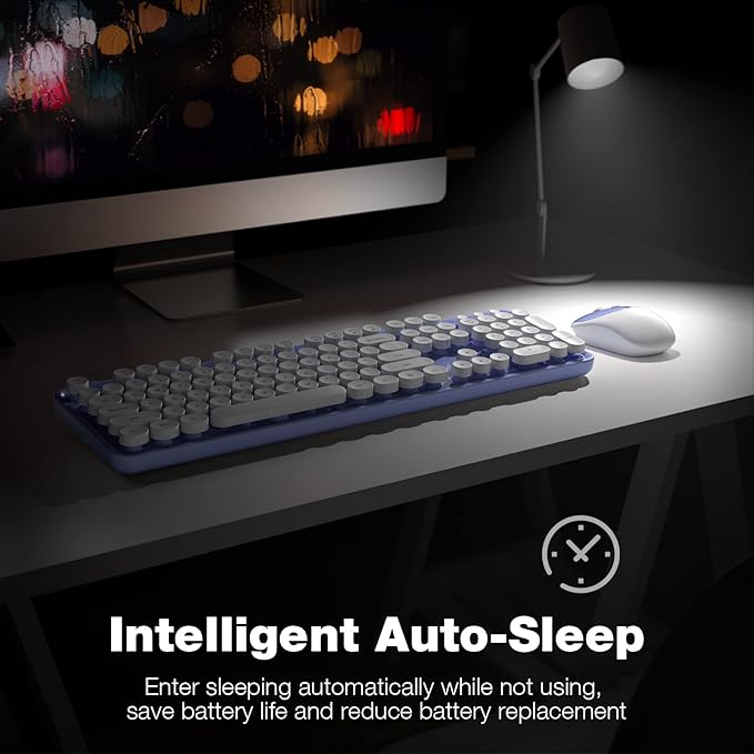 Wireless Keyboard and Mouse Combo, MOWUX Full Size Typewriter Retro Round Computer Keyboard, Mouse Wireless, Plug and Play, for Laptop, PC, Computer- Purple