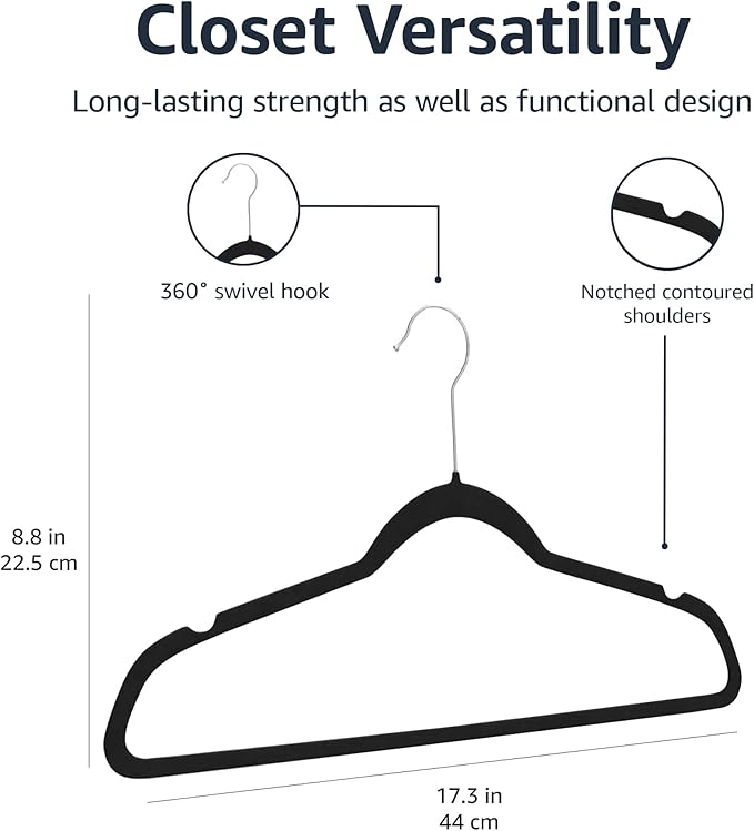 Amazon Basics Slim Velvet, Non-Slip Suit Clothes Hangers, Pack of 30, Black