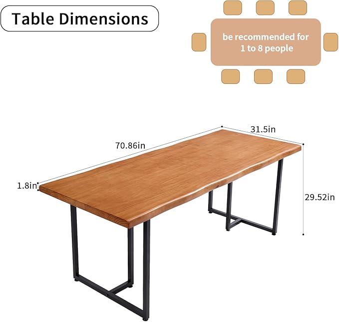 Solid Wood Administrative Desk, Dining Table with Durable Metal Legs, Uniquely Designed Leisure Table, Perfect for Restaurants and Home Offices, (Wood Brown, 70.87in)
