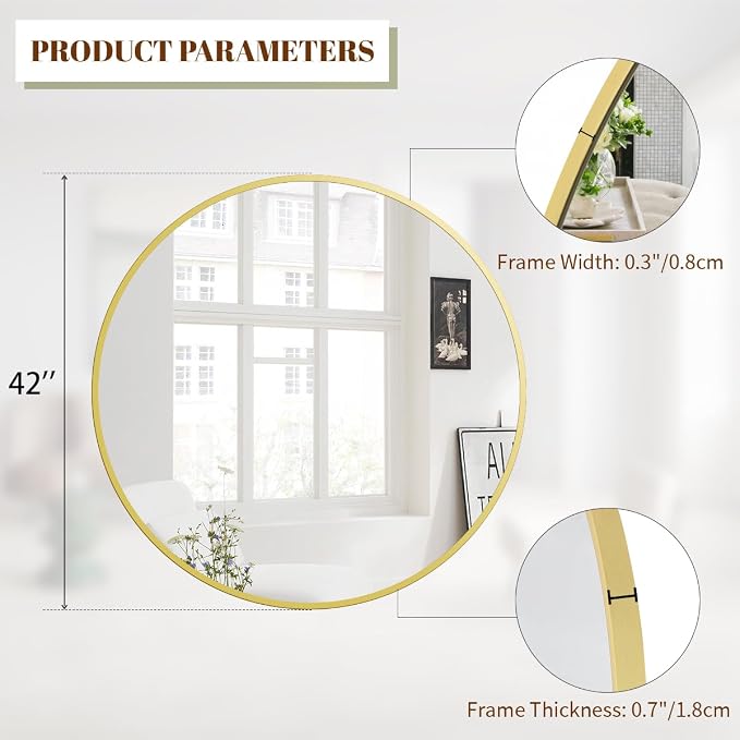 BEAUTYPEAK 42 Inch Round Mirror, Metal Frame Circle Mirror, Wall Mounted for Entryway, Bathroom, Vanity, Living Room, Gold