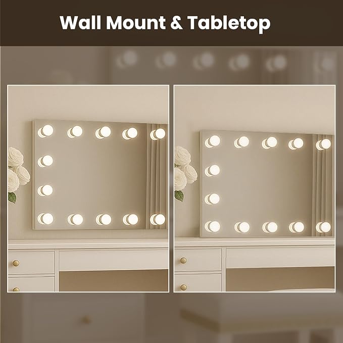WTTY 72"x36" Hollywood Vanity Mirror with Lights, Wall-Mounted Makeup Mirror with 3 Color Temperatures, Stepless Dimmable Bulbs, Anti-Fog & Shatter-Proof