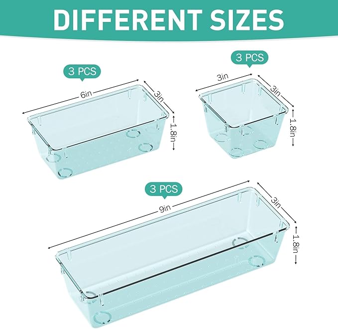 WOWBOX 9 Pack Clear Drawer Organizer Set, Acrylic Drawer Storage Trays