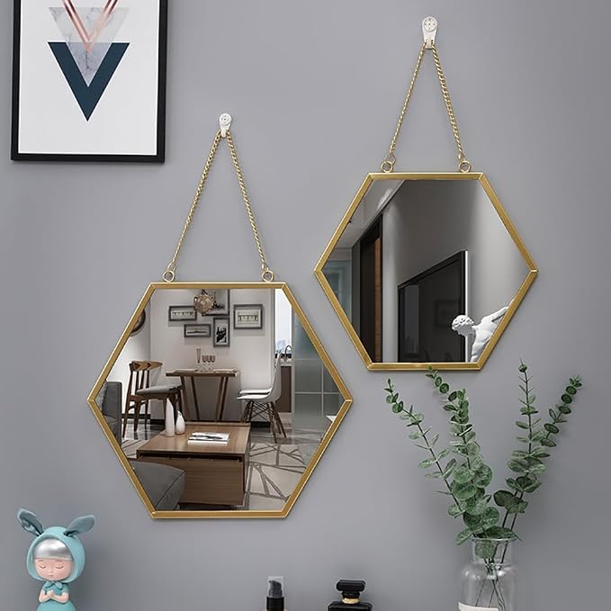 Gold Mirrors for Wall - 2pcs/Set Metal Hexagon Mirror Room Decor & Home Decor Decorative Hanging Boho Mirror Wall Decor for Bedroom Living Room Entryway (Hexagonal)