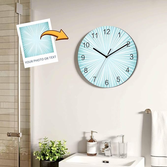 Abstract Wall Clock Battery Operated Non-Ticking 10" Round Wood Clocks, Sunburst Rays Light Blue Kitchen Wall Clock for School Bathroom Living Room Home Office Wall Decor