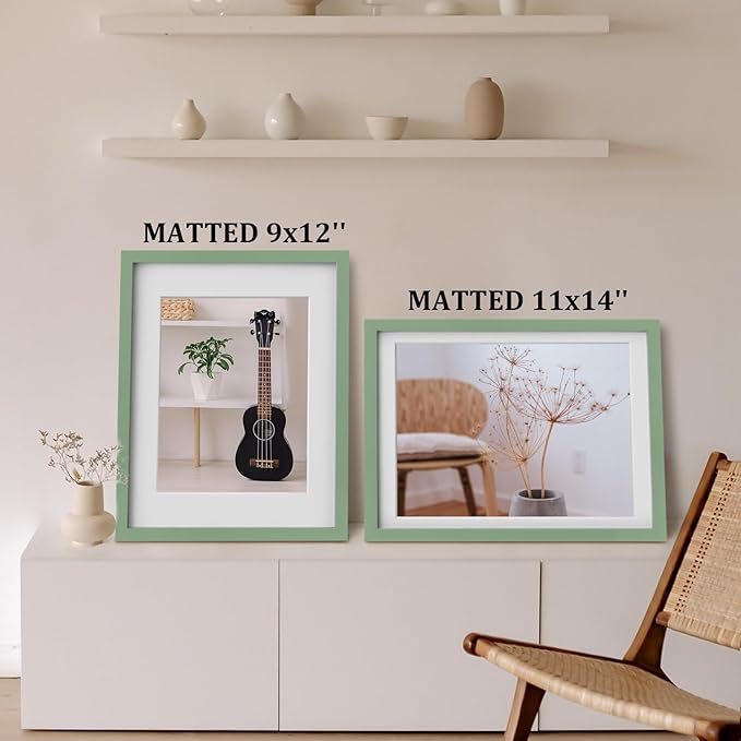 Egofine 12x16 Picture Frame Made of Solid Wood, Display Covered by Plexiglass, Display Pictures 9x12/11x14 with Mat or 12x16 Without Mat for Wall Mounting, Green