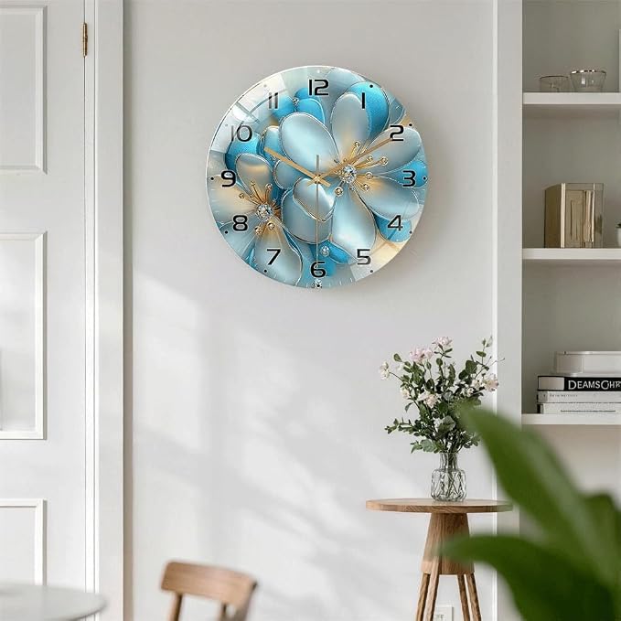 16 Inch Blue Floral Glass Wall Clock Silent Modern Art Decor | Silent glossy wall clock with 3D blue florals and jewel accents, elegantly tracking time for your living room or bedroom