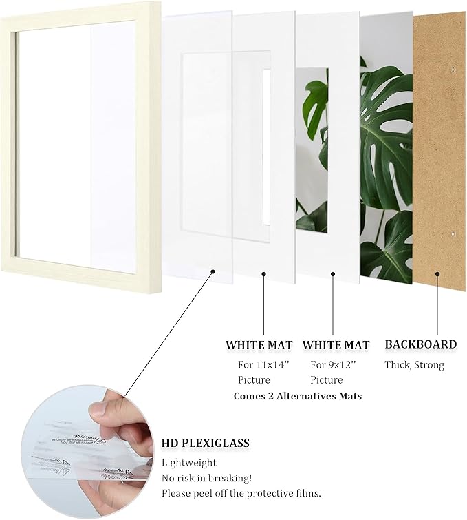 Egofine 12x16 Picture Frame Made of Solid Wood with Plexiglass, Display Pictures 9x12/11x14 with Mat or 12x16 Without Mat for Wall Mounting, Beige