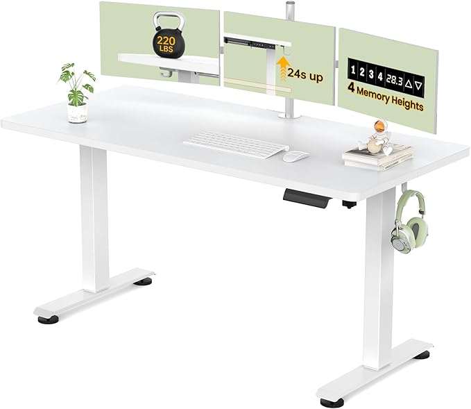 Veken 55 Inch Large Electric Standing Desk,Sit to Stand Up, Heights Adjustable, Work Home Office Computer Table for Study, Walking Pad, Writing, and Games, Wooden Desktop Desks, White