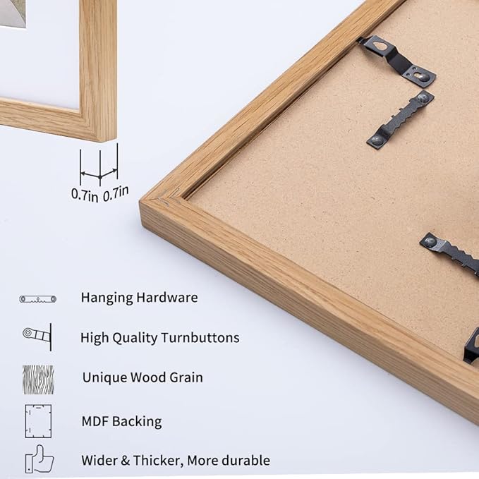 Axeman 11x14 Picture Frame with Mat for 8x10, Solid Oak Wood Picture Frames with Tempered Glass, Natural Wooden 11x14 inch Photo Frame for Wall, Wall Hook Included for Art Photo and Prints, Natural