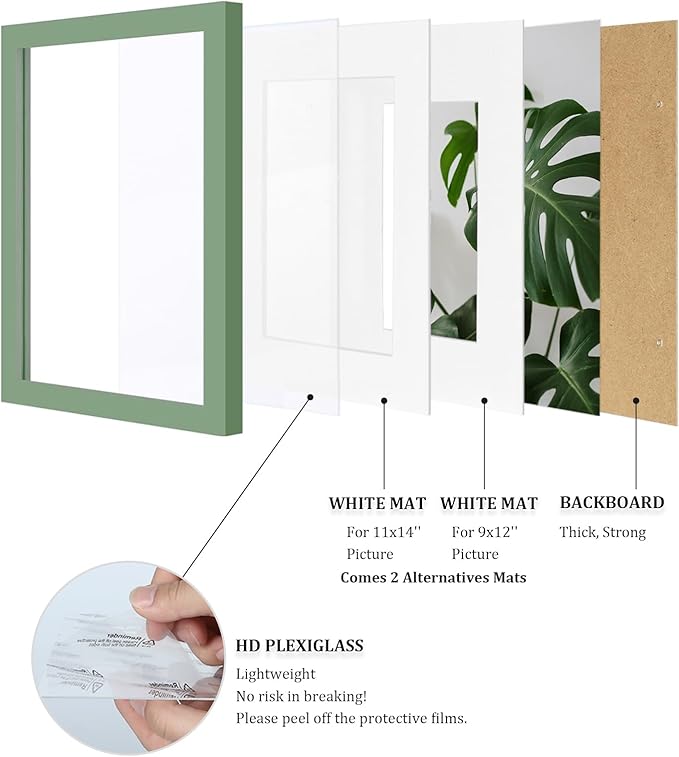 Egofine 12x16 Picture Frame Made of Solid Wood, Display Covered by Plexiglass, Display Pictures 9x12/11x14 with Mat or 12x16 Without Mat for Wall Mounting, Green