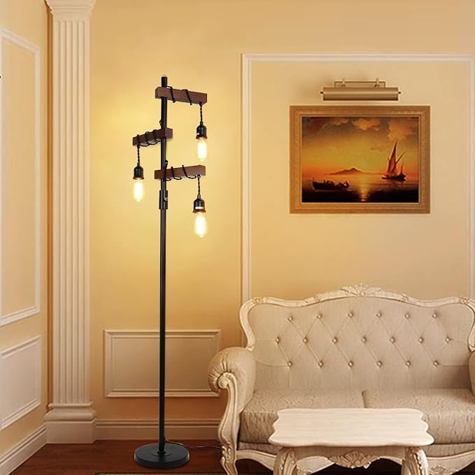 Dimmable Industrial Floor Lamp, Farmhouse Tree Floor Lamp, 68 Inch 3 Lights Wood Standing Lamp, Sturdy Base Tall Vintage Pole Light, Metal Black Floor Lamps for Living Room Bedroom Office Rustic Home