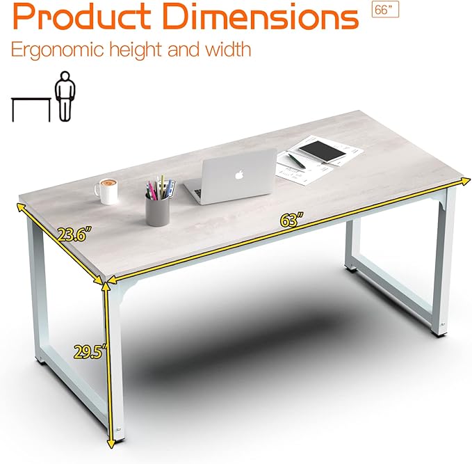 NSdirect 63" Large Computer Desk,Modern Simple Style PC Table Office Desk Wide Workstation for Study Writing,Gaming and Home Office,Extra 1" Thicker Wooden Tabletop and Black Metal Frame,Stone White