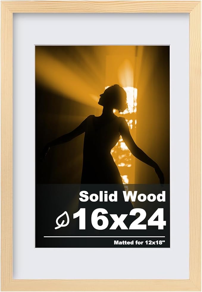 Egofine 16x24 Solid Wood Picture Frame, Made of Solid Wood Covered by Plexiglass 12x18 with Mat 16x24 without Mat, Poster Frame for Wall Mounting Hanging Photo Vertically or Horizontally, Natural Wood