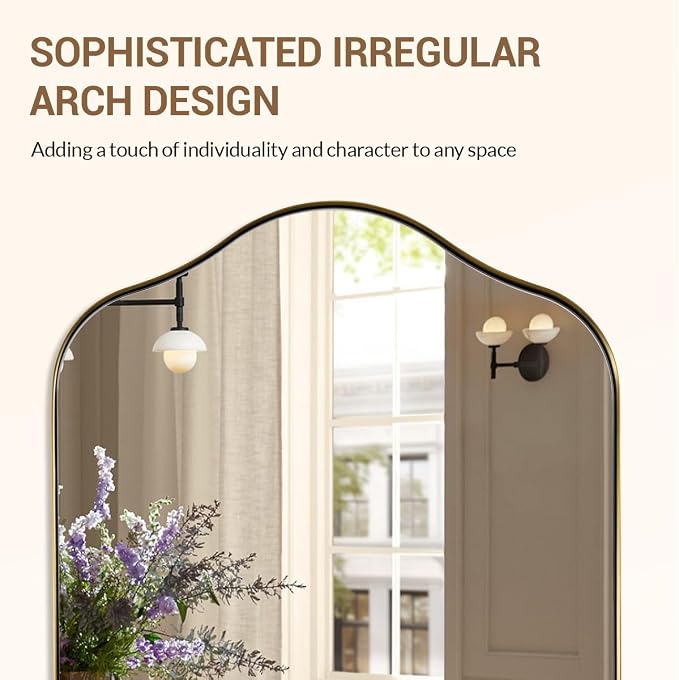 ANDY STAR Brass Scalloped Arched Wall Mirror, 30x36 Brushed Gold Irregular Bathroom Mirror with Curved Design for Vanity, Powder Room, Fireplace, Mantel, with Stainless Steel Metal Frame