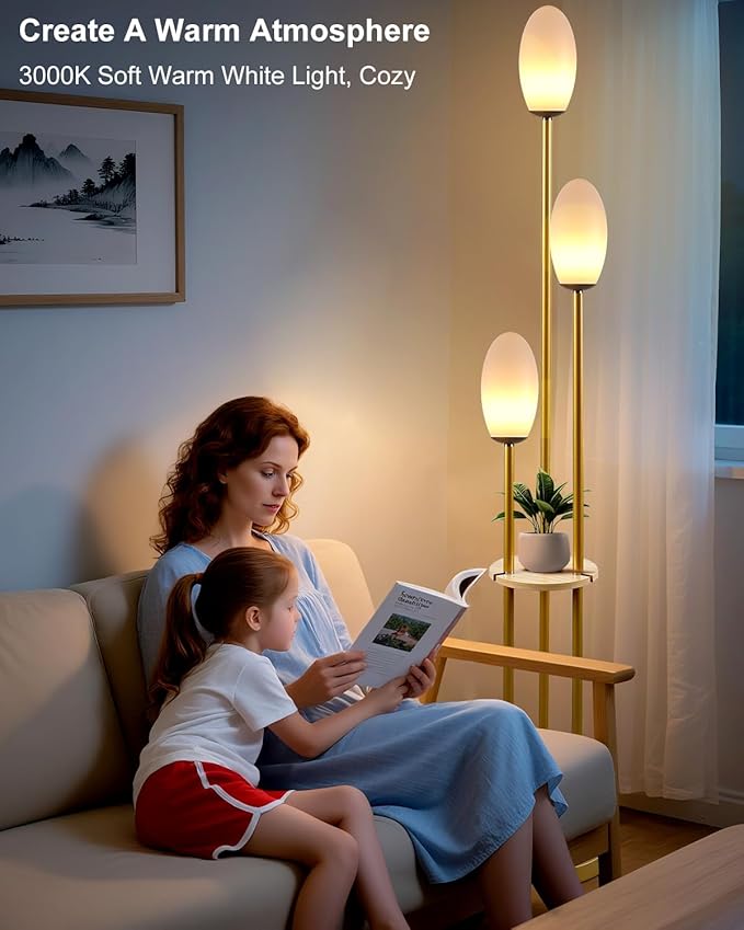 Lightdot Gold Floor Lamp Dimmable with Table, Tall Standing Lamps with 3-Oval LED Warm White Bulbs Included, Mid Century Modern Floor Lamp with 5Lbs Heavy Base for Living Room/Sofa Beside/Corner Decor
