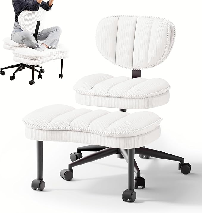 Cross Legged Office Chair, Ergonomic Cloud Criss Cross Desk Chair, Meditation Chair with Wheels, Height Adjustable Seat for ADHD, Wide Kneeling Chair with Back Support, Corduroy Fabric, White
