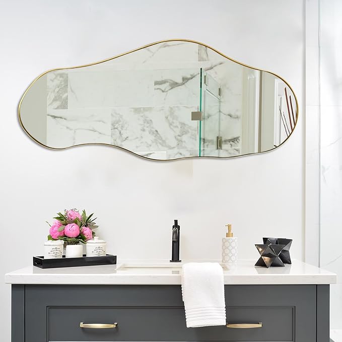 Irregular Mirror, 47"x20.5" Asymmetrical Decorative Accent Mirror with Black Metal Frame, Large Organic Shape Mirrors for Entryway Bedroom Living Room, Horizontal or Vertical Hangin
