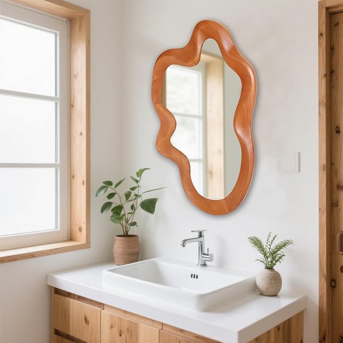 Gluck Plants Irregular Wall Mirror,Wavy Asymmetrical Wood Framed Decorative Mirror, Funky Modern Walnut Unique Large Shaped Decor Wall Mirrors for Entryway,Bedroom, Living Room;21"x32"
